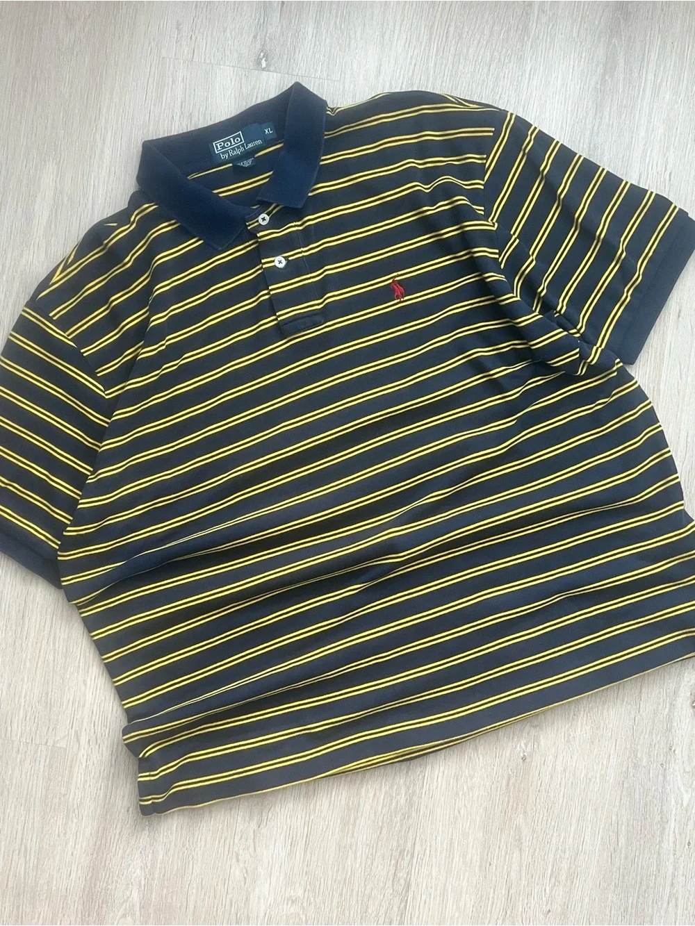 Vintage 90s Polo Ralph Lauren Striped Polo Shirt Mens XL Yellow Navy Preppy